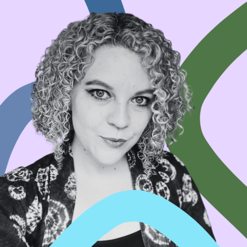 Black and white photo of Emily, the founder of eggplanted, over a purple background with abstract shapes swirling around